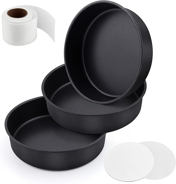 LIANYU 8 x 2 Inch Round Cake Pan Set of 3, Stainless Steel Black Nonstick Cakes Pans for Birthday Baking Wedding, Come with 90 Pieces Parchment Paper & Side Liner Roll, Dishwasher Safe