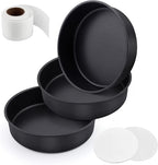 LIANYU 8 x 2 Inch Round Cake Pan Set of 3, Stainless Steel Black Nonstick Cakes Pans for Birthday Baking Wedding, Come with 90 Pieces Parchment Paper & Side Liner Roll, Dishwasher Safe