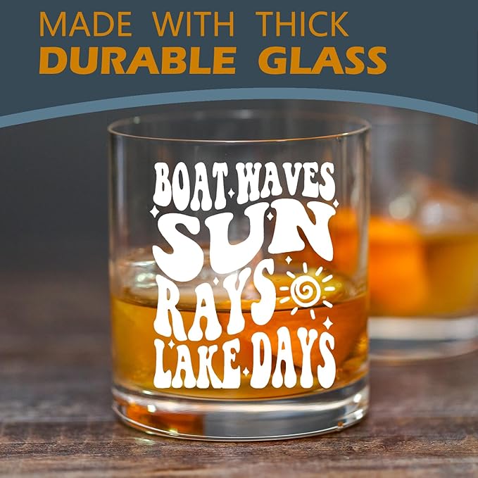 kunlisa Lake House Gifts Whiskey Glasses, Lake Lovers Gifts, Boat Waves Sun Rays Lakes Days 10 oz Drinking Rocks Glasses for Women Men Whisky Cocktail Scotch Bourbon Liquor
