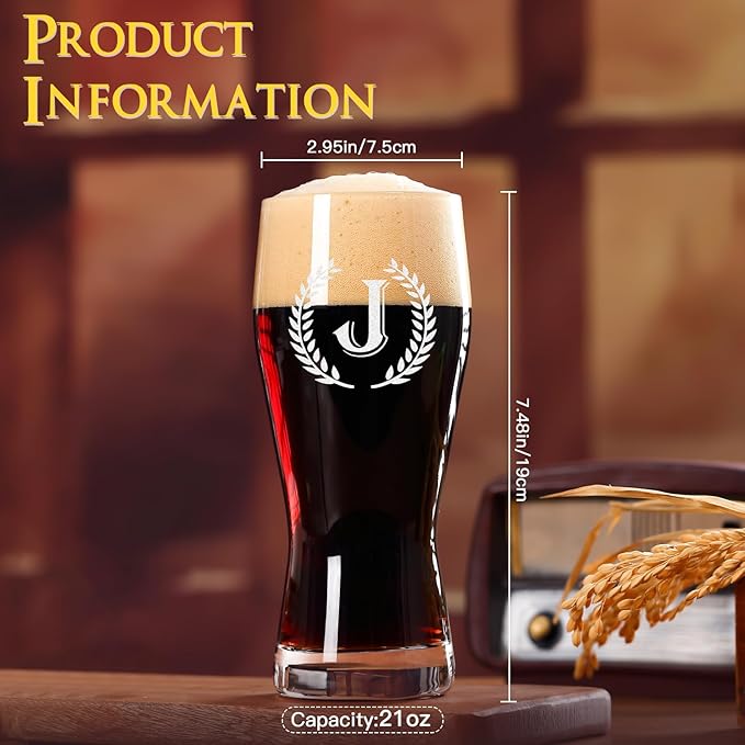 Personalized Etched 21oz Pint Beer Glass, (Letter J) A-Z Personalized Gifts for Him, Customized Pint Glasses, Custom Initial, Birthday Gift for Men Brother Husband