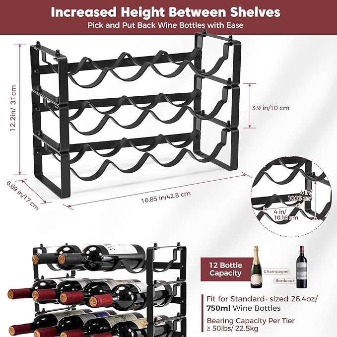 Stackable Wine Rack Countertop, Sturdy Bottle Holder Freestanding for Cabinet, 3 Tier Small Tabletop Wine Holder Stand, Wire Bottle Rack Metal Storage Organizers