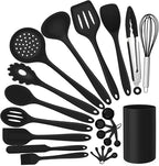 Silicone Kitchen Utensils Set, E-far 23 Pcs Black Cooking Utensils Tools with Holder for Nonstick Cookware, Include Spatula/Spoon/Ladle/Tongs/Turner, Heat Resistant & Nontoxic, Dishwasher Safe