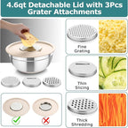 TeamFar Mixing Bowls, 5PCS Stainless Steel Nesting Salad Bowl with Lid & 3 Grater Attachments, for Prepping/Serving/Storing Food, Nontoxic, Airtight Lid & Non-slip Bottom - 4.6/3.5/2.5/1.5/1 QT
