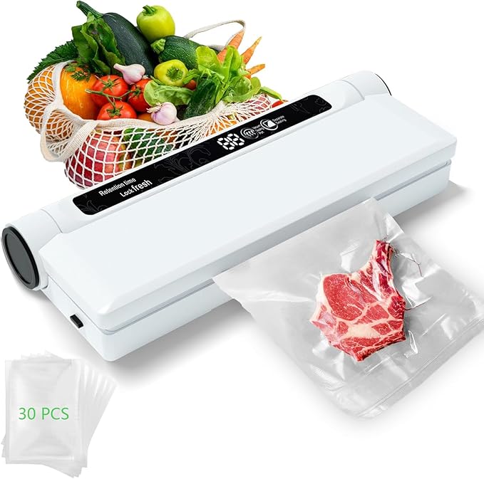 Vacuum Sealer Machine for Food Storage - 75KPA Strong Suction, Dry & Wet Modes, Includes 30 Vacuum Seal Bags, Digital Timer, Compact for Home Kitchen (Lightweight, BPA Free)