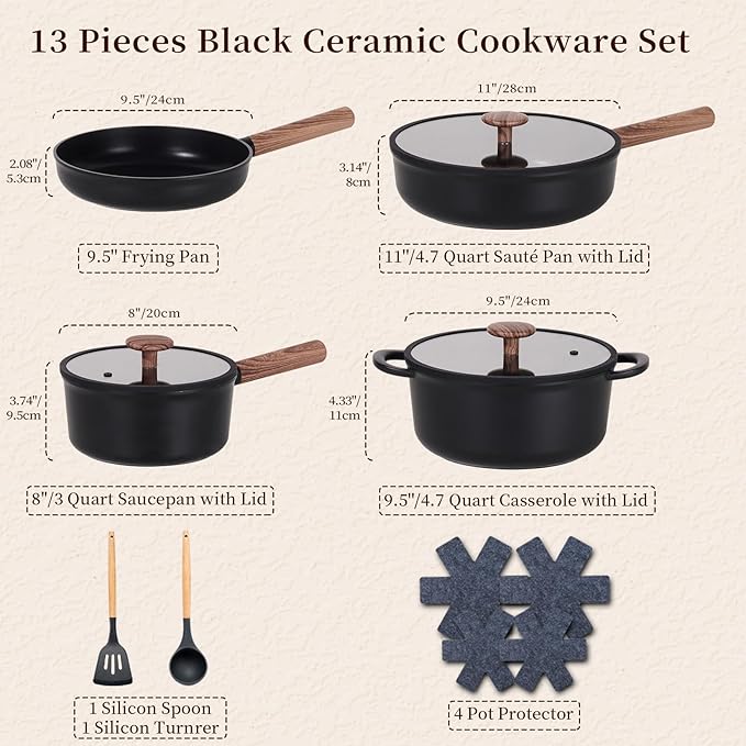 JEETEE Ceramic Cookware Set, 13 Pcs Pots and Pans Set Nonstick with Rotation Removable Handles, Healthy Non-Toxic Cooking Set for All Stoves, Stackable Pots Pans, Oven Safe, PFOA/PFOS Free, Black