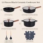 JEETEE Ceramic Cookware Set, 13 Pcs Pots and Pans Set Nonstick with Rotation Removable Handles, Healthy Non-Toxic Cooking Set for All Stoves, Stackable Pots Pans, Oven Safe, PFOA/PFOS Free, Black