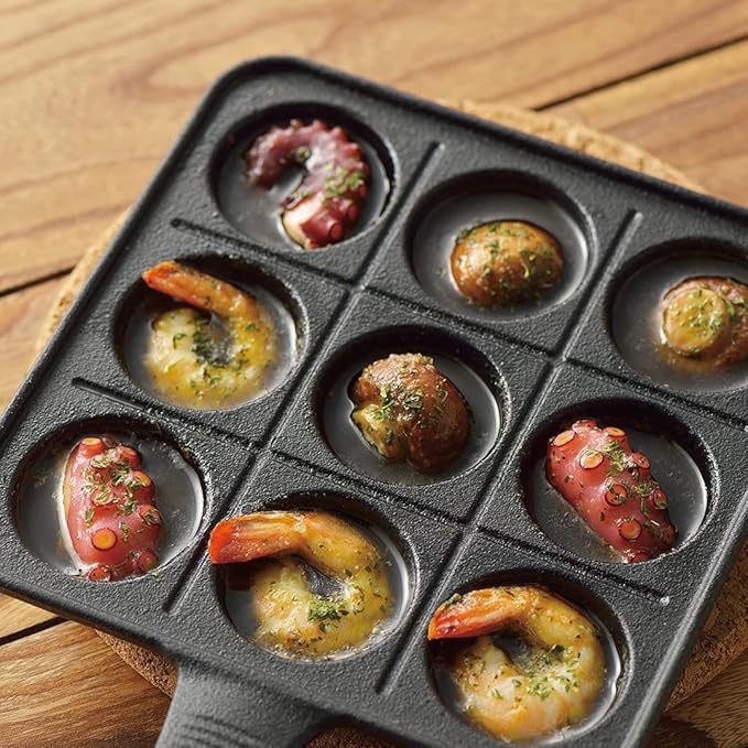 TIKUSAN Takoyaki Pan Cast Iron Takoyaki Maker Skillet Griddle Japanese Octopus Meat Ball Mold Maker for Gas Heater (9 Molds)