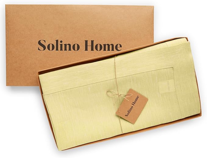 Solino Home Linen Tablecloth 60 x 120 Inch - 100% Pure Linen Chambray Yellow Table Cloth for Rectangular Tables - Athena, Machine Washable Cloth Tablecloth for Summer