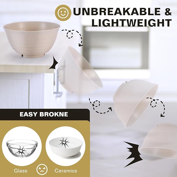 34 Oz Large Cereal Bowls, Unbreakable Wheat Straw Dinnerware Sets with Spoons, White Plastic Soup Bowls Reusable Microwave Dishwasher Safe Set of 6 for Kitchen RV Salad Ramen Ice Cream, Beige