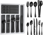 53PCS Black Silverware Set for 8 with Cutlery Drawer Organizer, Stainless Steel Flatware Set with Steak Knives, Include Spoons and Forks Set & Serving Utensils, Mirror Polished