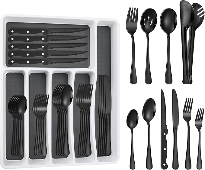 65PCS Silverware Set for 8 with Flatware Drawer Organizer, Stainless Steel Cutlery Set with Steak Knives, Include Spoons and Forks Set & Serving Utensils, Mirror Polished, Black