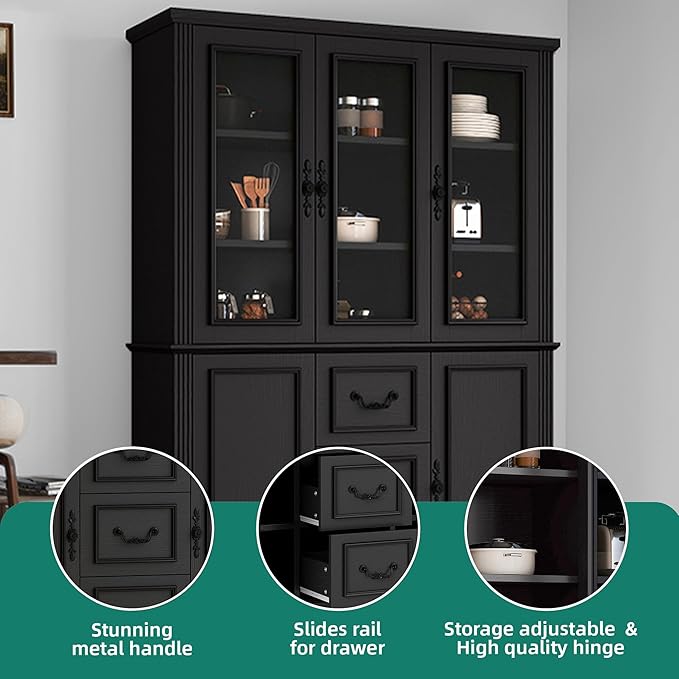 YITAHOME 71" H x 47" W Kitchen Pantry with 3 Drawers, Large Storage Cabinet with 3 Glass Doors & Adjustable Shelves, Freestanding Tall Display China Cabinet for Living & Dining Room, Black
