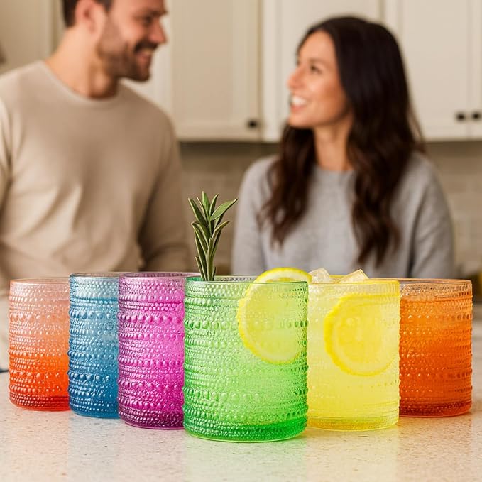 Khen Hobnail Drinking Glasses - Colorful Tumblers, 10 oz Drinkware for Parties, Brunches, BBQs, Picnics & Gifts - Cups for Cocktails, Iced Tea & Juice - BPA-Free - Set of 6, Summer Colors
