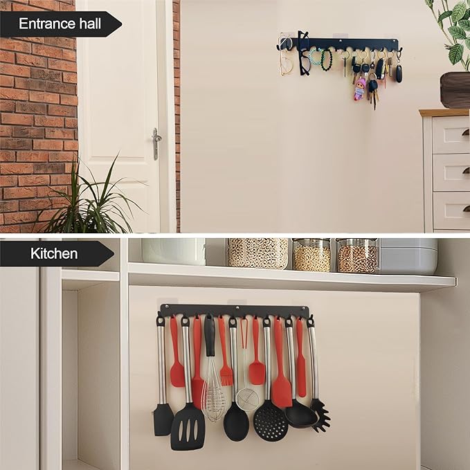 2 Packs 14 Key Hook Holder Wall Mount, No Drill Practical Key Rack, Kitchen Utensil Holder, Coat Hooks Wall Mount Coat Rack Hooks for Living Room, Kitchen, Office, Bathroom, Black