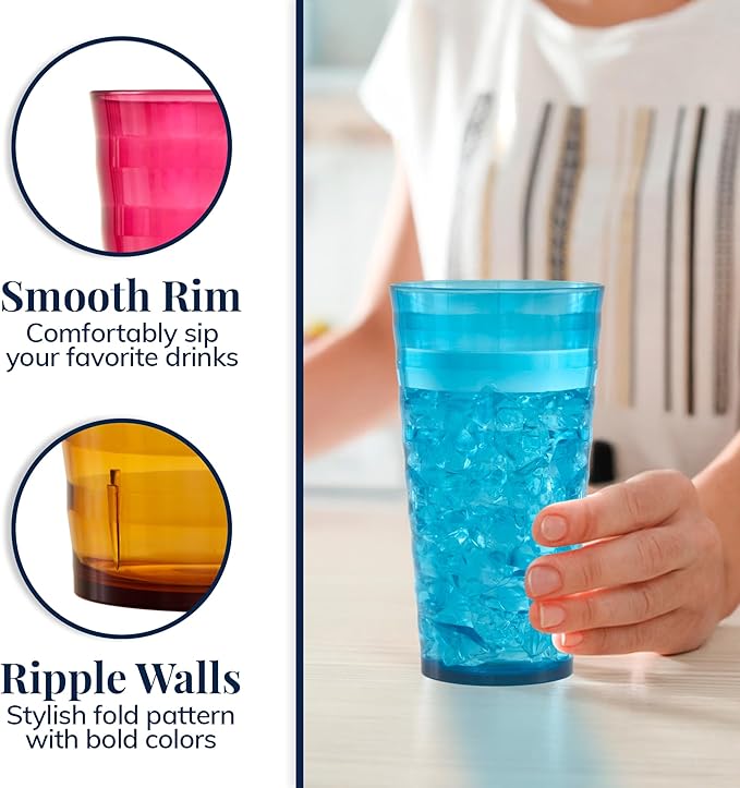 US Acrylic Splash [Set of 16] 18 ounce Plastic Stackable Water Tumblers in Jewel Tone Colors Value Set of Drinking Cups, Reusable, BPA-free, Made in the USA, Top-rack Dishwasher Safe