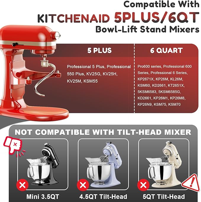 GVODE Stainless Steel Spiral Dough Hook for Kitchenaid Stand Mixer, Bread Hook Fits Kitchenaid 5Plus & 6QT Bowl-Lift Stand Mixers, Dishwasher Safe, Not Fit for KitchenAid TILT-HEAD Mixer