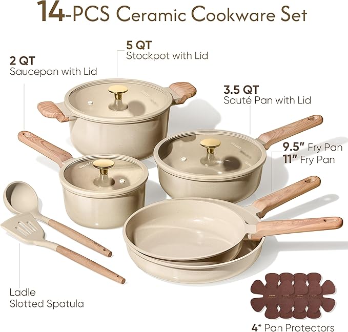 CAROTE 14Pcs Pots and Pans Set Non stick, Ceramic Cookware Set, Non-toxic Kitchen Cooking Set, PFAS and PFOA Free