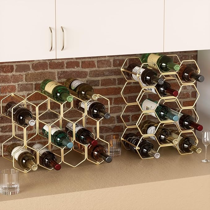 Buruis Countertop Wine Rack, 14-Bottle Modern Freestanding Metal Holder for Red and White Wine, Tabletop, Kitchen, Bar, and Cabinet Storage (Gold)
