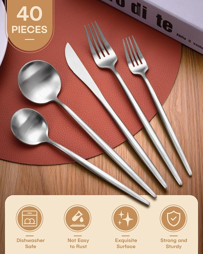 Silverware Set For 8,Ollex 40 Pieces Matte Flatware Set,Stainless Utensil set with Knives Forks and Spoons Tableware Cutlery Set for Home Kitchen Restaurant Hotel,Satin Finish&Dishwasher Safe