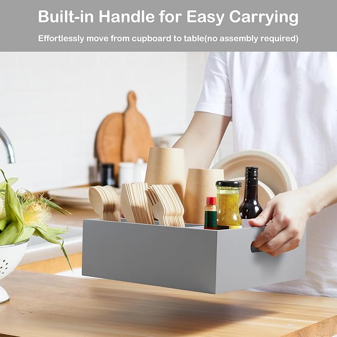 Wood Utensil Holder for Party, 6-Compartment Paper Plate Organizer with Handles, Wooden Silverware Caddy for Picnic, Camping, BBQ, Buffet, and Kitchen Countertop Organization, Gray