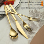 Berglander Gold Silverware Set 48pcs Service for 12, Golden Titanium Plating Stainless Steel Flatware Set, Gold Spoons Forks Knives Set for Home, Wedding, Restaurant, Hotel, Dishwasher Safe