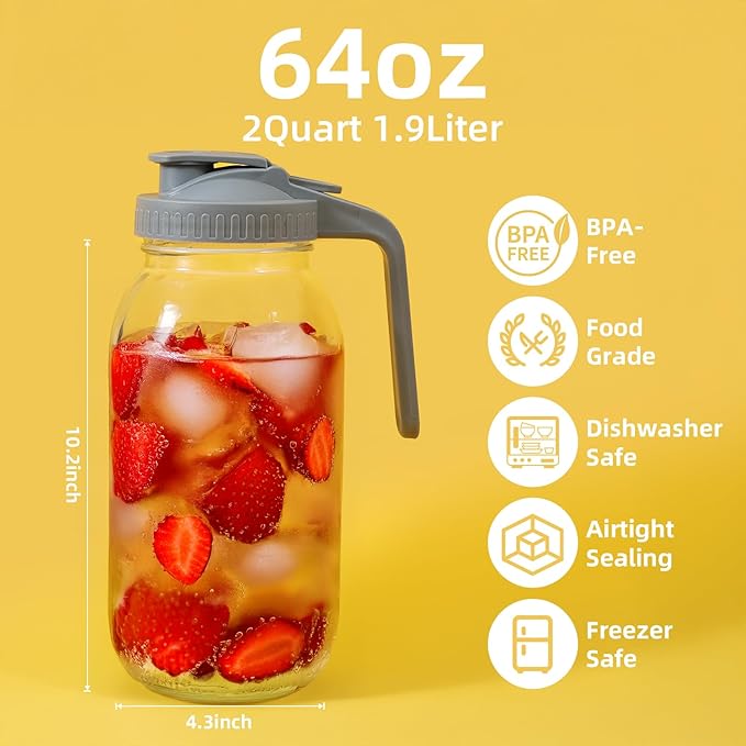 2 Pack Glass Mason Jar Pitcher - 64 oz/2 Quart Wide Mouth Jug with Lid and Pour Spout, Airtight Seal, Leak Proof Iced Tea Pitcher for Sun Tea, Juice, Breast Milk, Cold Beverages, Coffe