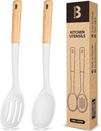 Silicone Cooking Spoons, Great for Scooping Sides and Serving Hearty Stews, BPA-Free Matte Silicone, Wooden Handle Serving Spoon for Nonstick Cooking Surfaces (White)