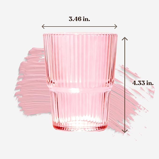 Pink Ribbed Glass Set of 4 14oz Highball Glass Stackable Vintage Durable for Water, Seltzer, Sparkling, Elegant Everyday Glassware