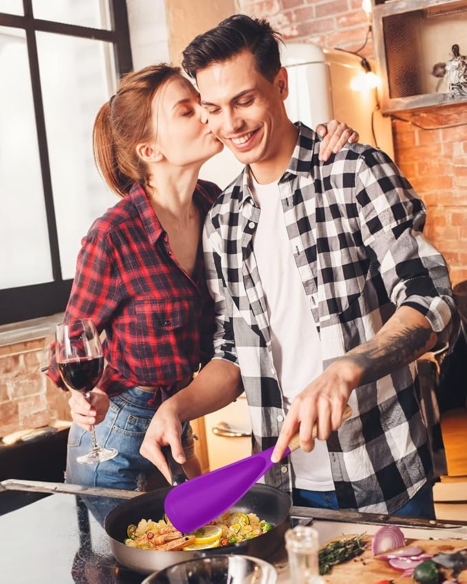 Cooking Spoon for Nonstick Cookwares, Great for Cooking and Serving Sturdy BPA-Free Matte Silicone, Wood Handle Spoon for Mixing, Scoop, and Scrape (BERRY)