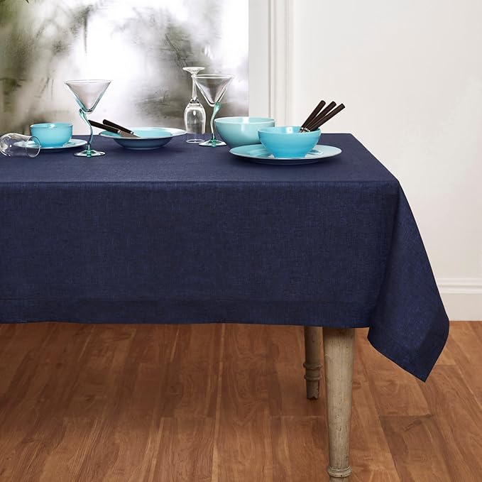 Solino Home Linen Tablecloth 60 x 120 Inch - 100% Pure Linen Chambray Navy Table Cloth for Rectangular Tables - Athena, Machine Washable Cloth Tablecloth for Summer, Fall, Autumn