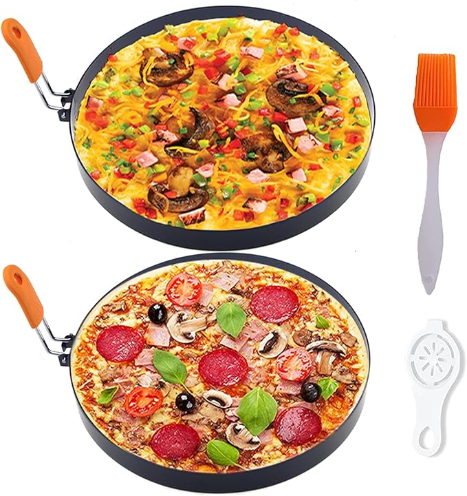 2 Packs 8" Large Omelette Ring for Griddle,8 Inch Stainless Steel Non-stick Omelet Ring, Round Pancake Rings Griddle Omelet Rings with Silicone Handle Grill Oil Brush & Egg Separator