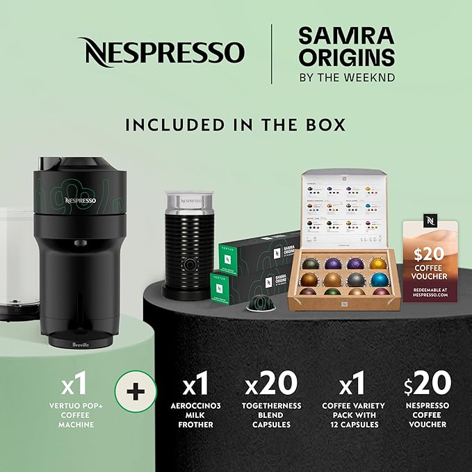 Nespresso Vertuo Pop+ Coffee and Espresso Maker by Breville, Samra Origins by The Weeknd Vertuo Metad Green Machine and Nespresso Aeroccino3 milk frother