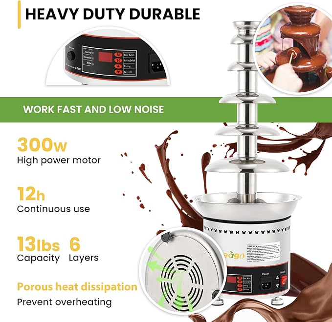 Commercial Chocolate Fountain 6-Tier 13Lbs Large Chocolate Fondue Tower Stainless Steel Hot Chocolate Waterfall Machine Easy Assembly for Nacho Cheese BBQ Sauce Ranch Liqueurs Digital-control