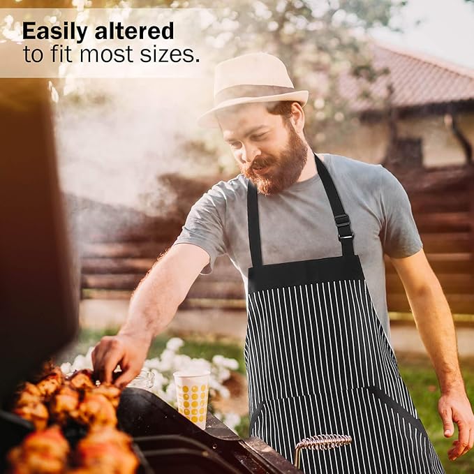 HOMWE Adjustable Bib Cotton Aprons - Adjustable Neck Strap with Extra Long Ties with 2 Pockets for Cooking, Commercial Grade Water Resistant Apron for Women & Men - Black/White Pinstripe 33x27 Inches