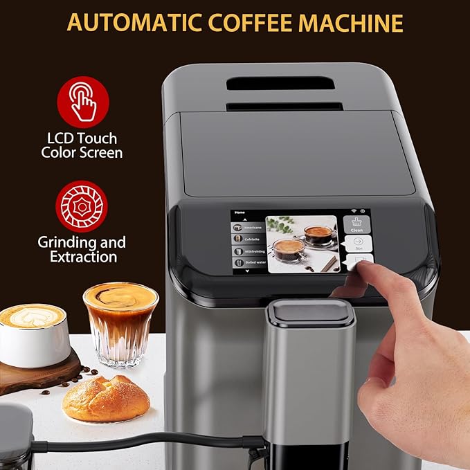 Garvee Fully Automatic Espresso Machine with Built-In Grinder and Milk Frother, 4-Beverage Cappuccino and Latte Maker with Intuitive Touch Display, Gunmetal Finish