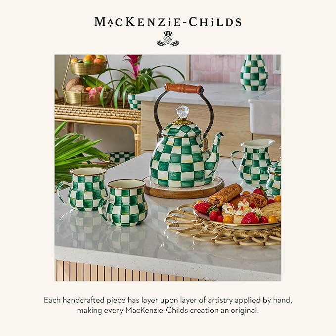 MACKENZIE-CHILDS Medium Enamel Canister, Kitchen Storage Container with Lid, Green-and-White Emerald Check