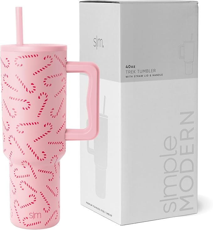 Simple Modern 40 oz Trek Tumbler with Handle and Straw Lid | Cup Holder Friendly Insulated Stainless Steel Travel Mug | Pink Candy Cane Toss