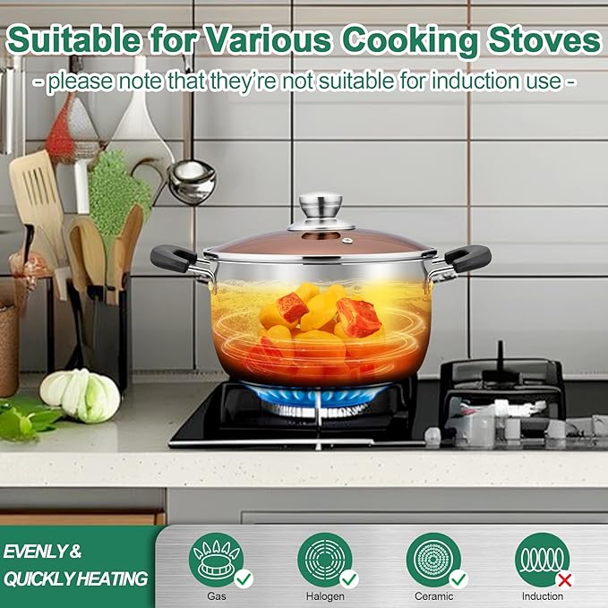 TeamFar Stock Pot 6 qt, Stainless Steel Stock Pasta Soup Pot with Lid, Double Bakelite Heat-Proof Handles & Tempered Glass Lid, Dishwasher Safe & Easy Cleanup, Non-Toxic & Healthy