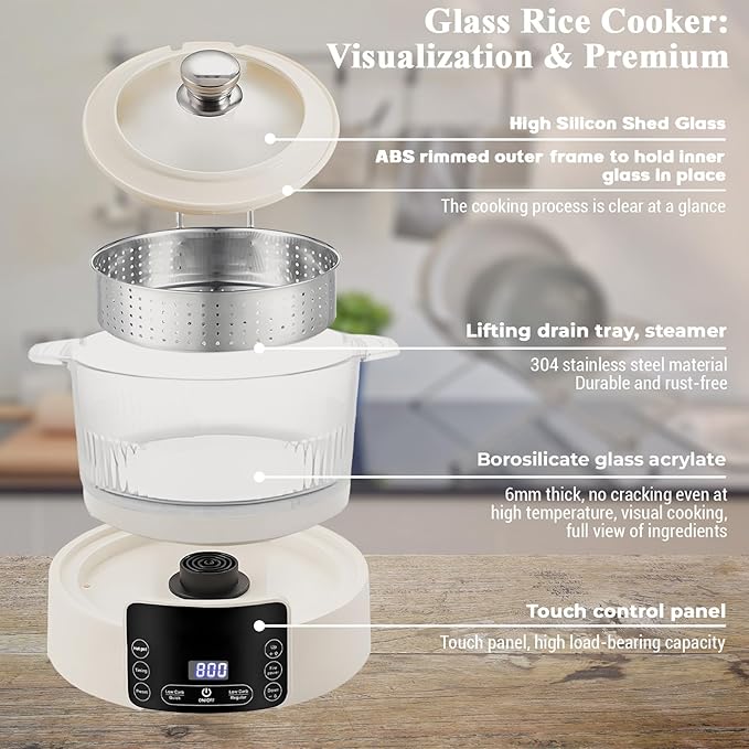 Low Carb Rice Cooker with Reservable-Timable,Low Sugar Multi Functional 3L &2 Cups for Starch Removing Glass Cooker,110v Maximum Power 800w Multi Functional Maker,Liftable Filter Basket (Beige)