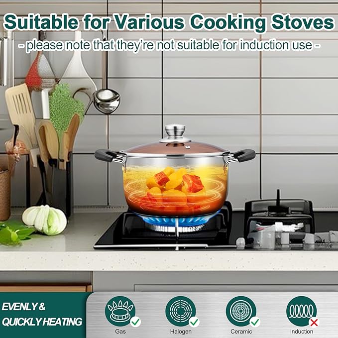 TeamFar 3 Quart Stock Pot, Stainless Steel Stock Pasta Soup Pot with Lid, Tempered Glass Lid & Double Heat-Proof Handles, Non-Toxic & Healthy, Heavy Duty & Dishwasher Safe
