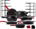 Cuisinel Cast Iron 23-Pc Cookware Set - 8" Skillet + Cast Iron Lid + 12"+Lid + 10" Braiser with Lid + Grill Pan + Lid + Griddle + 5-Qt Dutch Oven + Multi-Cooker + 12"+15" Pan Rack + Scraper + Handles
