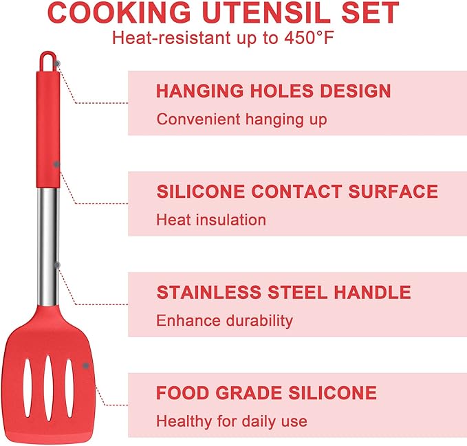 E-far Silicone Cooking Utensils Set, 7 Pcs Heat Resistant Kitchen Utensils with Stainless Steel Handle, Slotted Turner, Spoon, Soup Ladle, Pasta Server, Skimmer, Tongs for Nonstick Cookware, Red