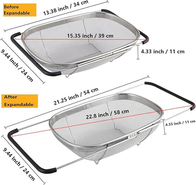 Over The Sink Stainless Steel Oval Colander with Expandable Rubber Grip Handles Strainers, Fine Mesh Strainer Basket Kitchen 6 Quarts Colander for Strain, Drain, Rinse Fruits, Vegetables