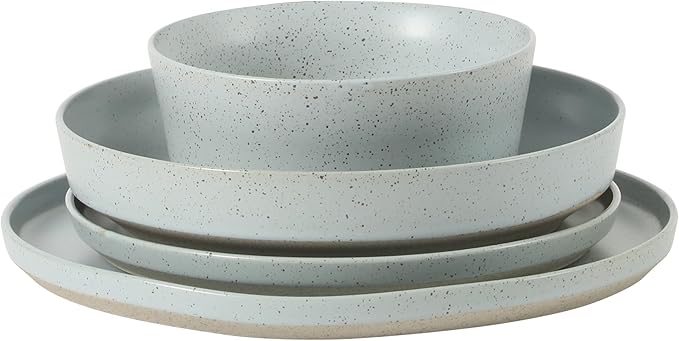 Gibson Elite Overbrook 16-Piece Pottery Clay Stoneware Dinnerware Set – Light Blue Reactive Glaze, Stackable Plates and Bowls w/Pasta Bowl, Service for 4 – Microwave & Dishwasher Safe