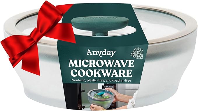 Anyday 4-Cup Microwave Cookware & Glass Container with Glass Lid, Plastic-Free Shallow Food Storage | Stackable Airtight Steamer with Vented Lid for Microwave-Safe Reheating, Steaming Vegetables