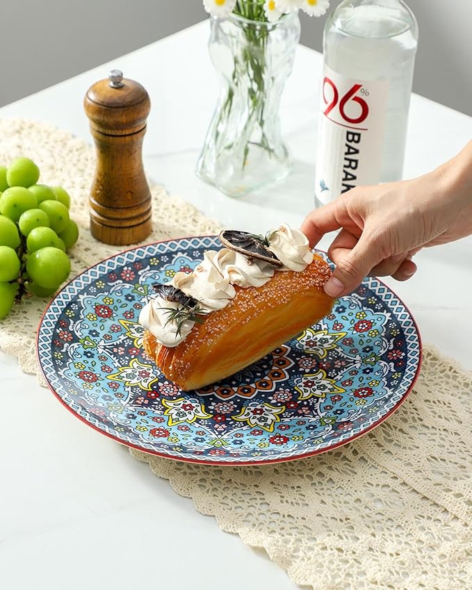 glowworm Dinner Plates Set of 4, 10.5 Inch Ceramic Plates for Steak, Dishes Set for Kitchen, Housewarming Gift，Microwave, Oven & Dishwasher Safe, Bohemian