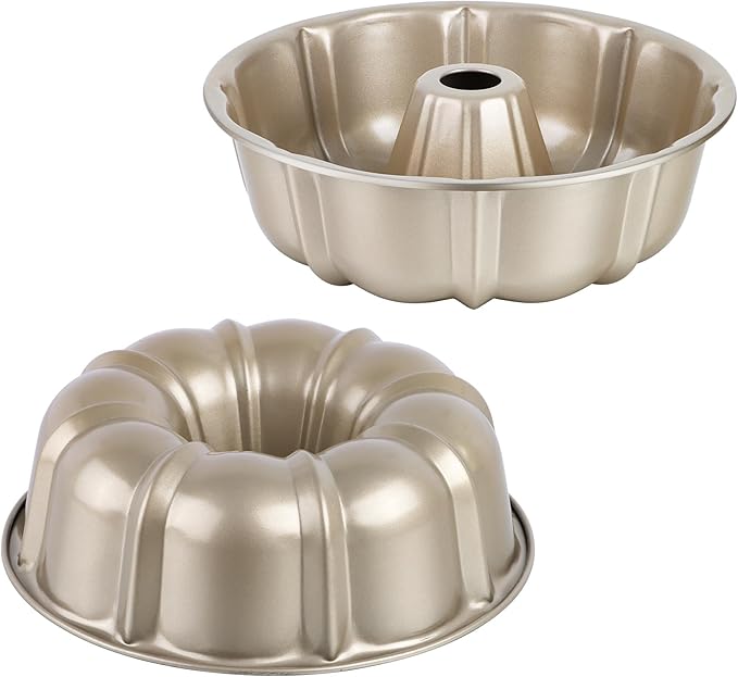 Onader 2 Pack Gold Cake Pan, Nonstick 10 Inch Round Fluted Tube Pans for Baking Pound Cakes, 10 Cups Large Heavy Duty Carbon Steel Baking Mold