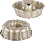 Onader 2 Pack Gold Cake Pan, Nonstick 10 Inch Round Fluted Tube Pans for Baking Pound Cakes, 10 Cups Large Heavy Duty Carbon Steel Baking Mold