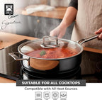 BRA COOKWARE Signature Sauté Pan w/Glass Lid | 11 inches - 4 quarts Professional Low Casserole | Stainless Steel Sauté Pan | All Stovetop Compatible - Full Induction | PFOA Free | Polished Finish
