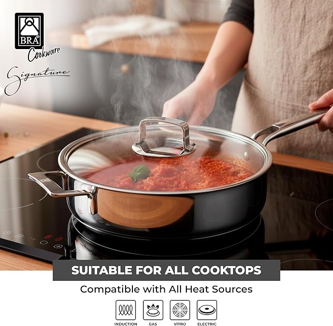 BRA COOKWARE Signature Sauté Pan w/Glass Lid | 11 inches - 4 quarts Professional Low Casserole | Stainless Steel Sauté Pan | All Stovetop Compatible - Full Induction | PFOA Free | Polished Finish